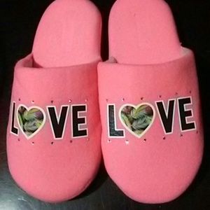 Bright pink "Love" slippers with rhinestones